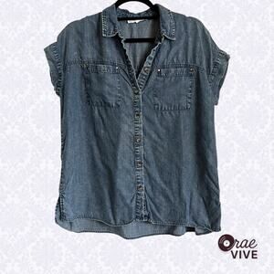 Jane & Delancey S Dark Wash Chambray Flowy Top Cuff Sleeve Tunic Blouse